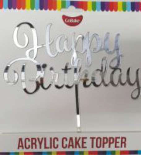 Happy Birthday Acrylic Cake Topper - Silver - Click Image to Close